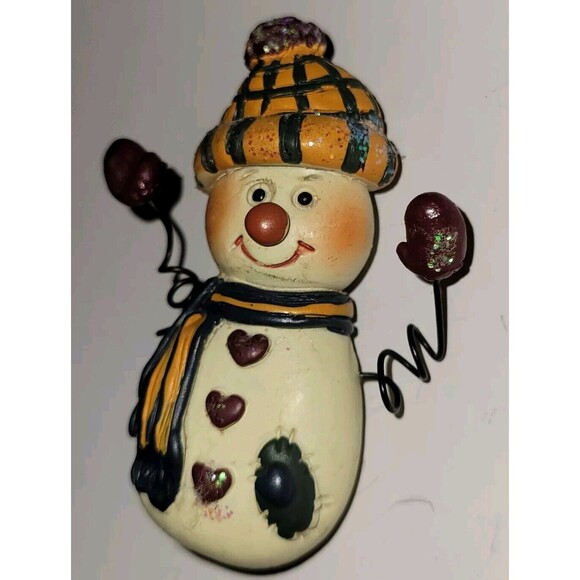 VTG Country Snowman Christmas Brooch Pin Metal Spring Wire Arms Clay Look - Picture 4 of 8